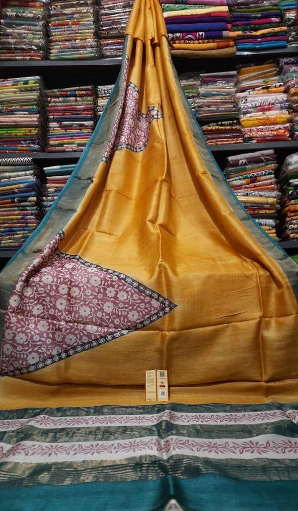 Yellow Block Printed Pure Tussar Silk Saree with Zari Border