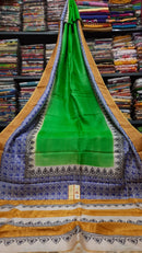 Green Block Printed Pure Tussar Silk Saree with Zari Border