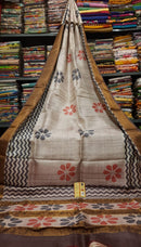 Half white Block Printed Pure Tussar Silk Saree with Zari Border