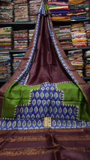 Brown Block Printed Pure Tussar Silk Saree with Zari Border