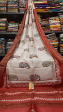Half White Block Printed Pure Tussar Silk Saree with Zari Border