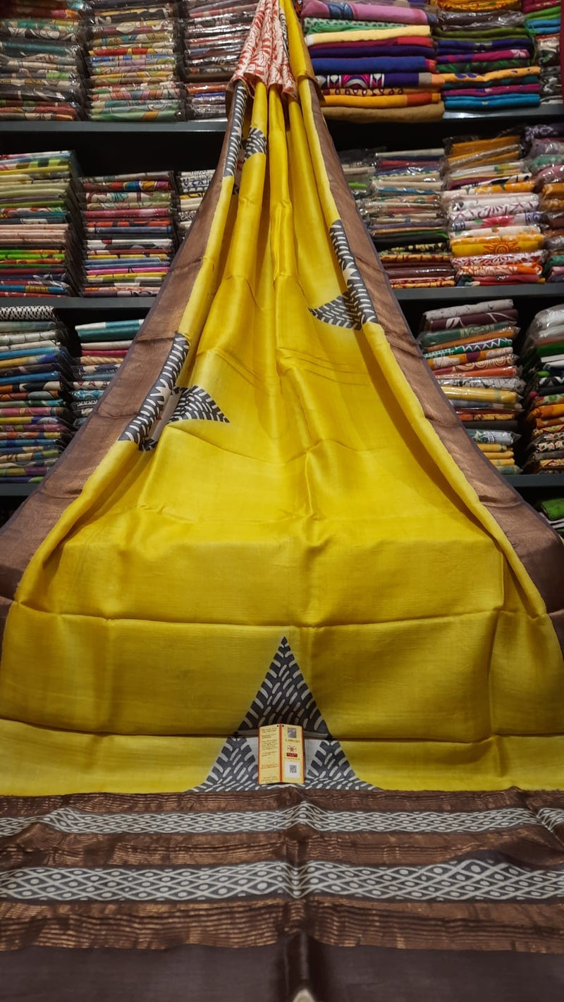 Yellow Block Printed Pure Tussar Silk Saree with Zari Border