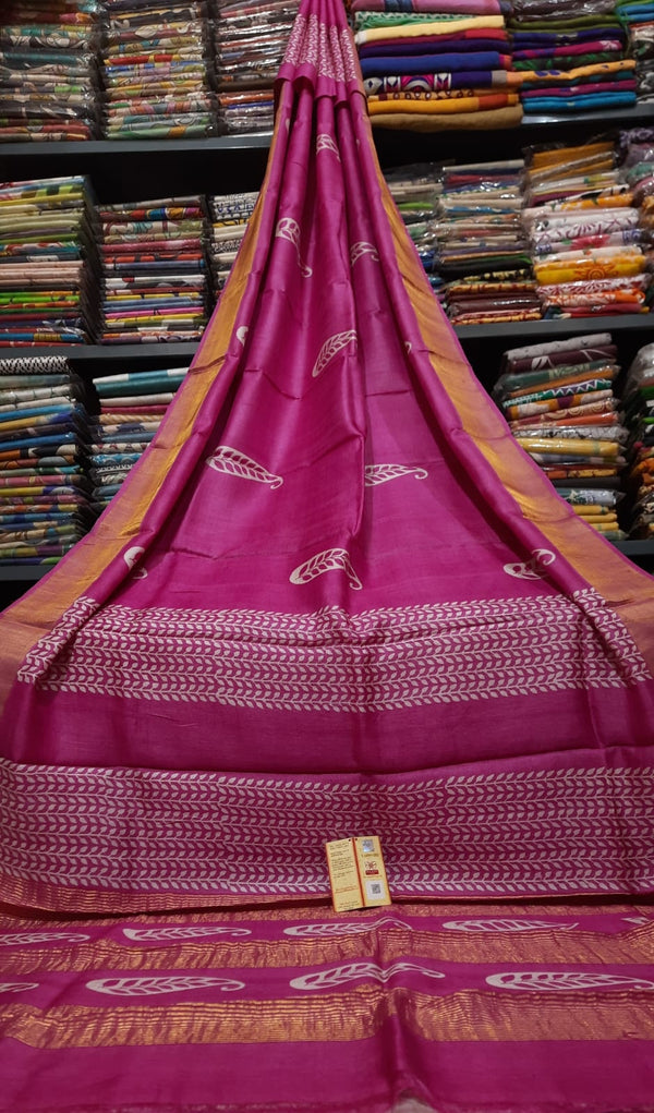 Pink Block Printed Pure Tussar Silk Saree with Zari Border