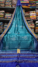 Blue Block Printed Pure Tussar Silk Saree with Zari Border