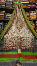 Half White Block Printed Pure Tussar Silk Saree with Zari Border