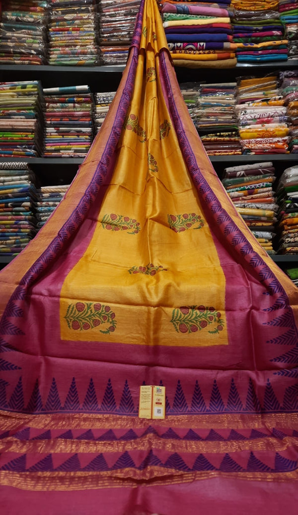 Yellow Block Printed Pure Tussar Silk Saree with Zari Border