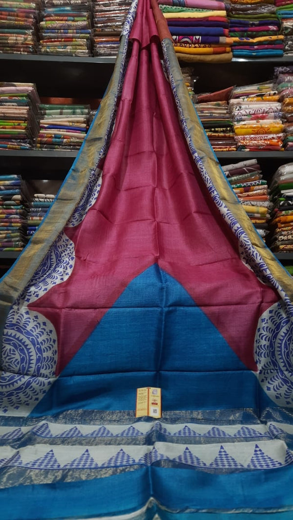 Pink Block Printed Pure Tussar Silk Saree with Zari Border