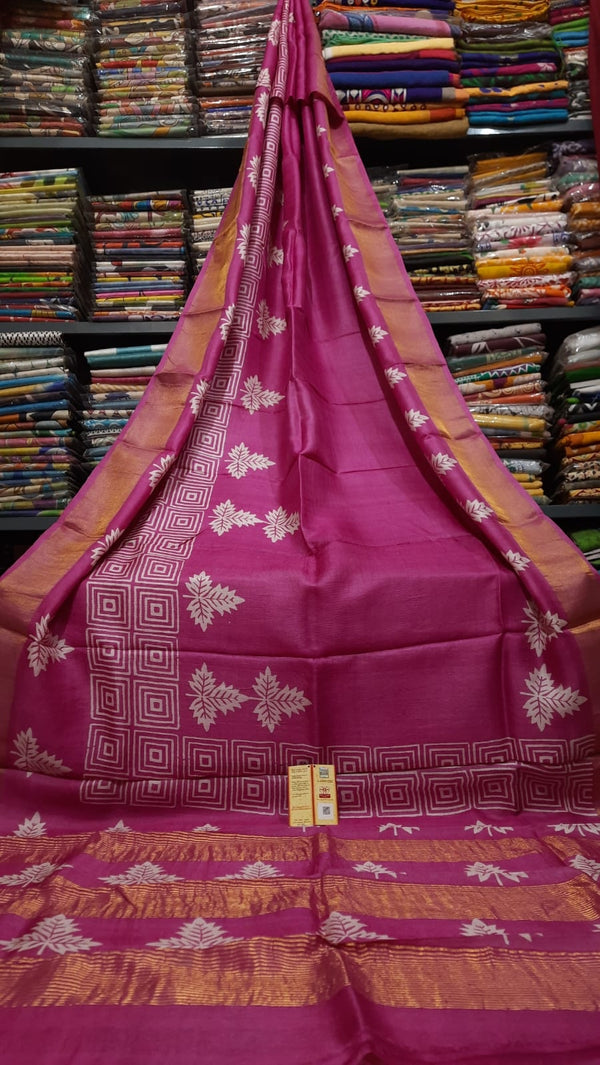 Pink Block Printed Pure Tussar Silk Saree with Zari Border