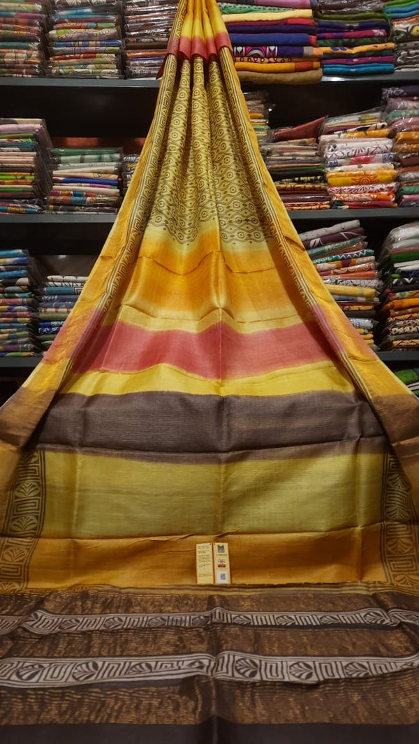 Yellow Block Printed Pure Tussar Silk Saree with Zari Border