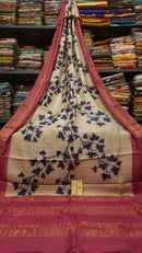 Sandal Block Printed Pure Tussar Silk Saree with Zari Border