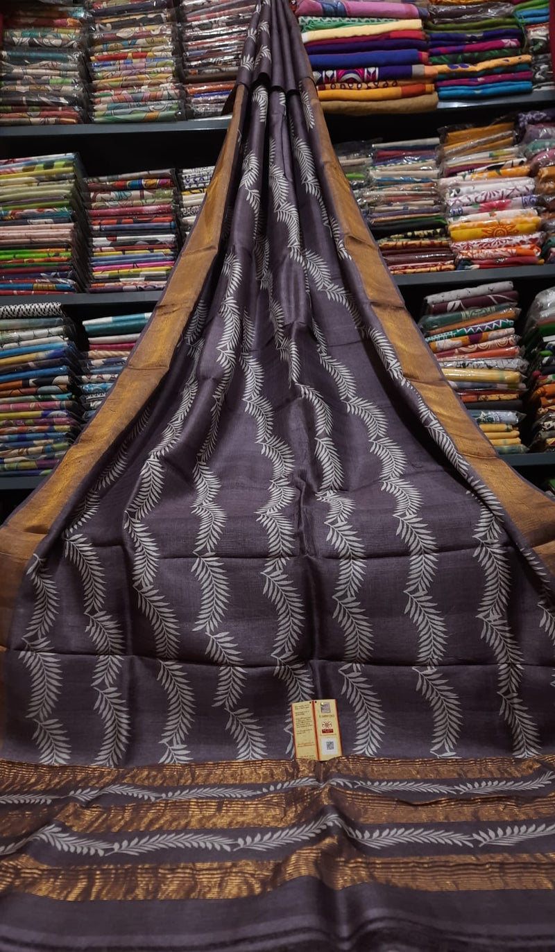 Grey Black Block Printed Pure Tussar Silk Saree with Zari Border