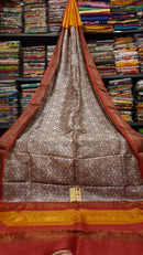 Sandal Block Printed Pure Tussar Silk Saree with Zari Border