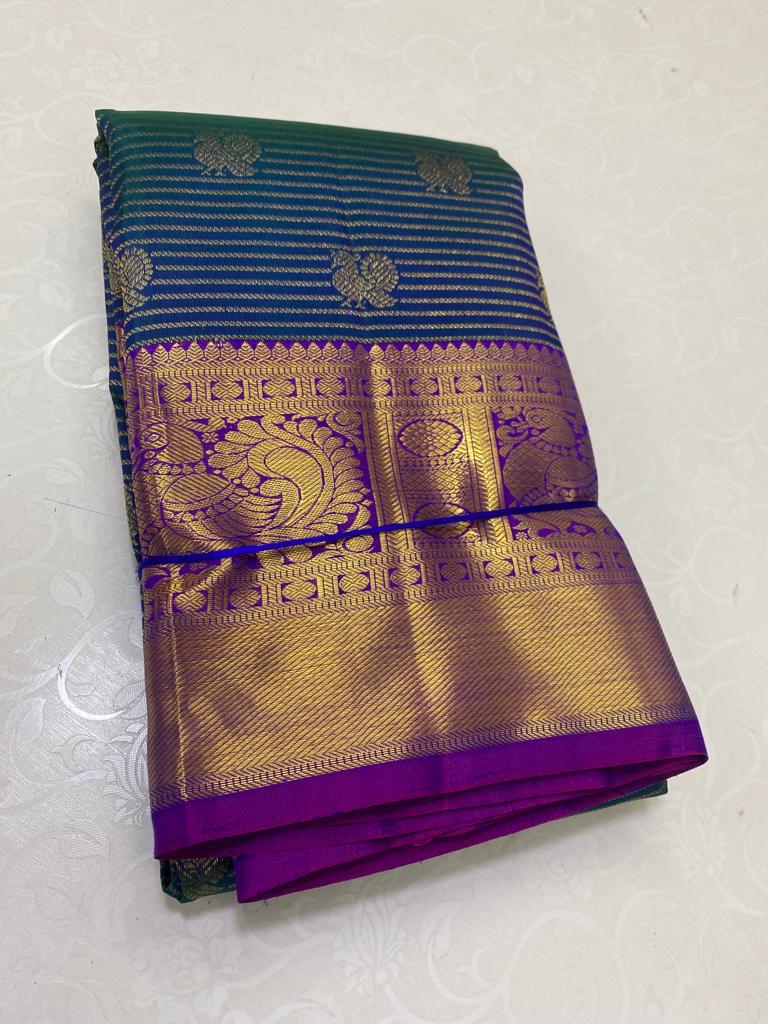 Dual Tone Peacock Blue Traditional Handloom Kanchipuram Silk Saree