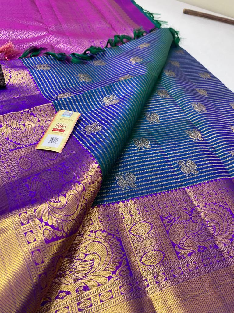 Dual Tone Peacock Blue Traditional Handloom Kanchipuram Silk Saree