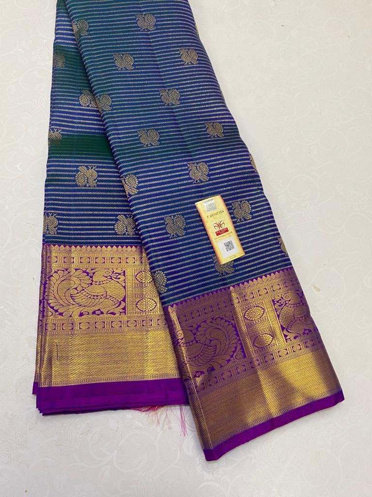 Dual Tone Peacock Blue Traditional Handloom Kanchipuram Silk Saree