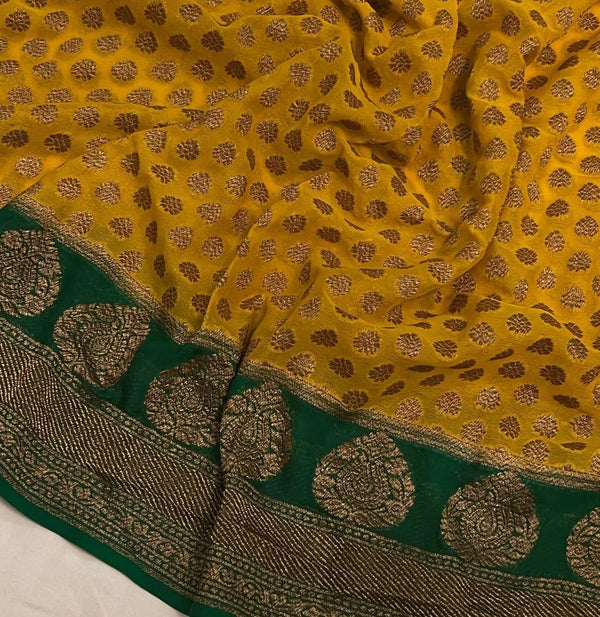 Yellow Pure Khaddi Georgette Silk Saree with Antique Zari Weaving