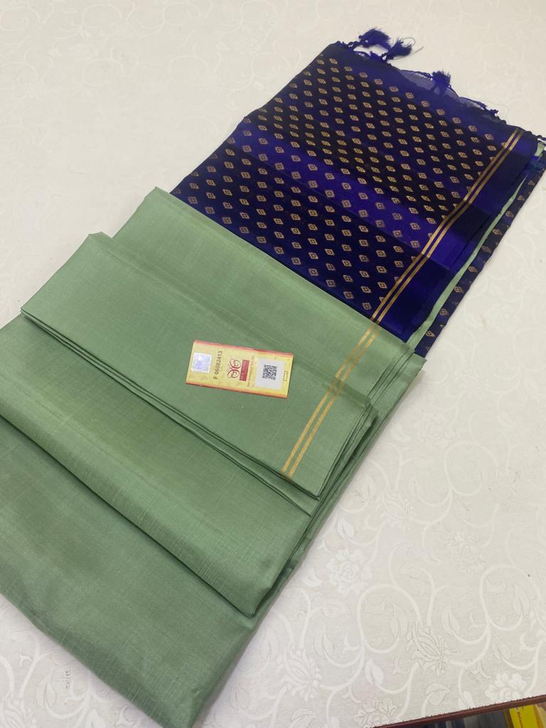 Pastel Green Plain Soft Silk Saree with Contrast Designer Pallu & Blouse