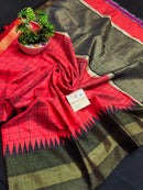 Pure Raw Silk Mini Checks With Contrast Temple Border