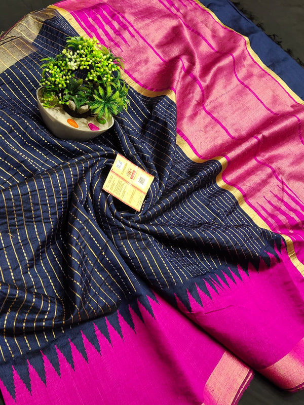 Pure  Raw Silk Raindot Pattern with Contrast Temple Border