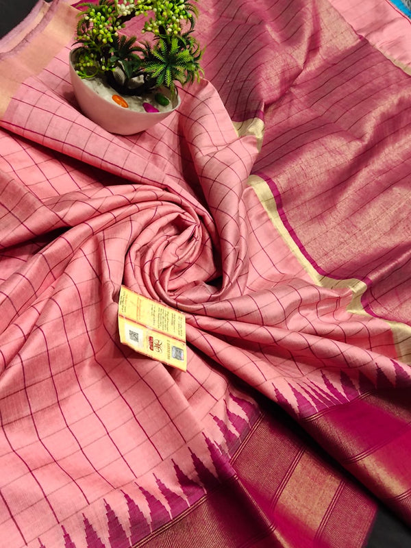 Pure Raw Silk Mini Checks With Contrast Temple Border