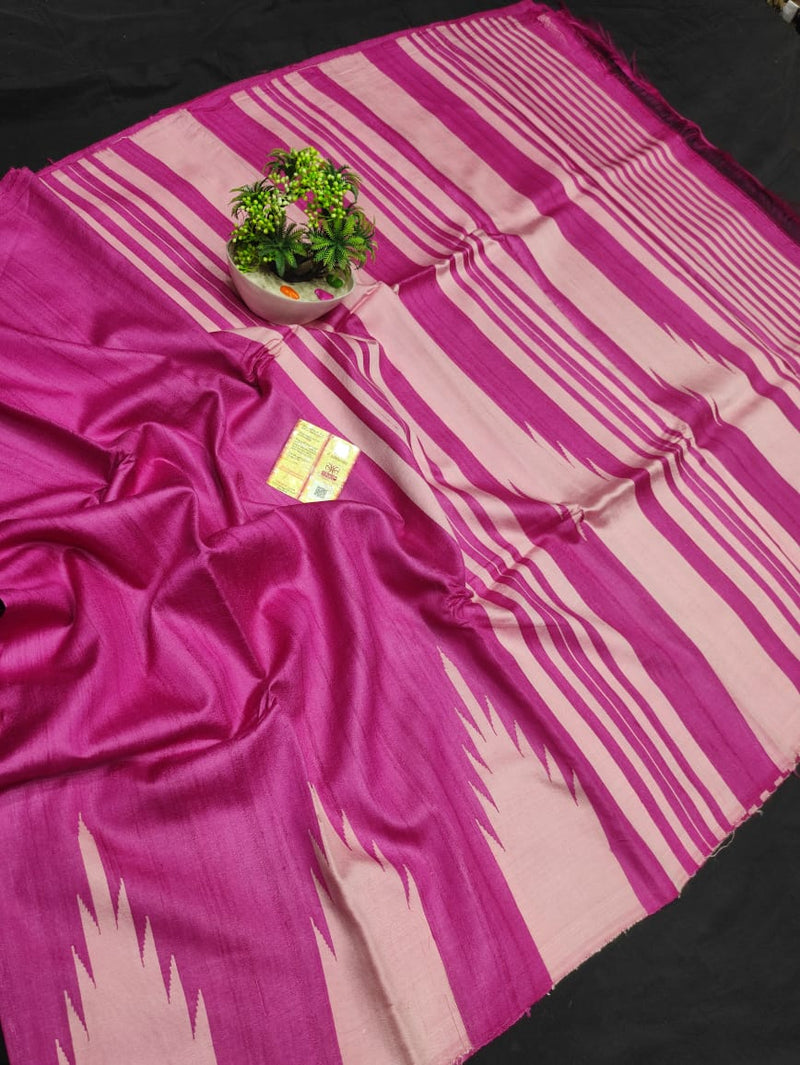 Pure Handloom Tussar Silk Sarees with Traditional Temple Border