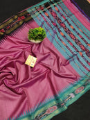 Pure Tussar Silk Saree with Contrast Ikkat Style Temple Border