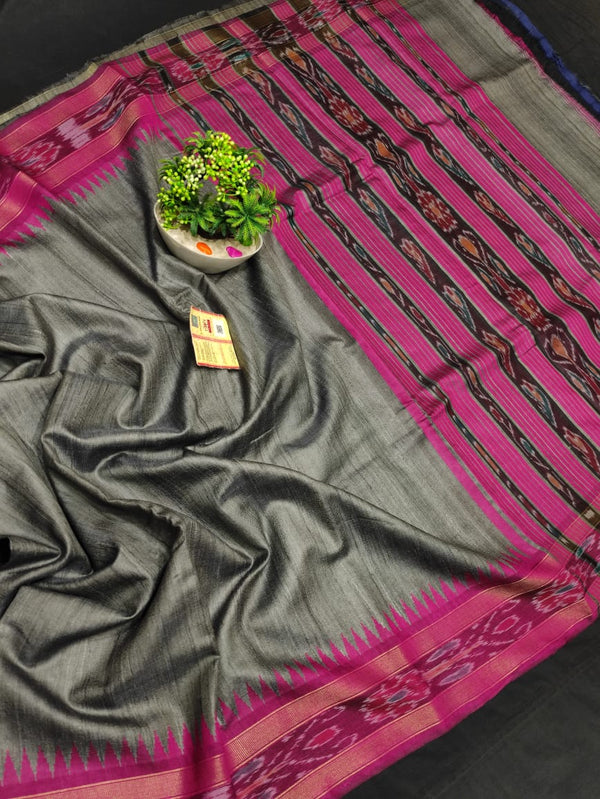 Pure Tussar Silk Saree with Contrast Ikkat Style Temple Border