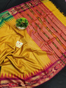 Pure Tussar Silk Saree with Contrast Ikkat Style Temple Border