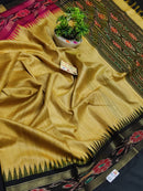 Pure Tussar Silk Saree with Contrast Ikkat Style Temple Border