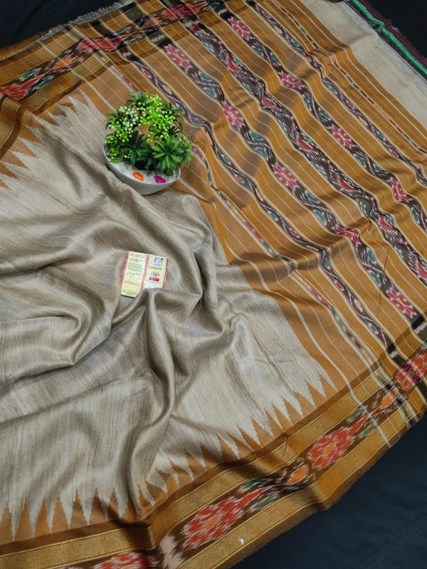 Pure Tussar Silk Saree with Contrast Ikkat Style Temple Border