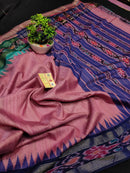 Pure Tussar Silk Saree with Contrast Ikkat Style Temple Border