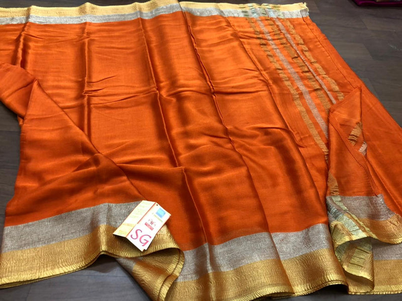 Orange Wrinkle Mysore Crepe Silk Saree with Silver & Gold Zari Border