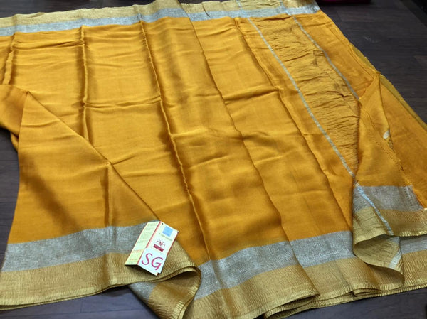 Yellow Wrinkle Mysore Crepe Silk Saree with Silver & Gold Zari Border