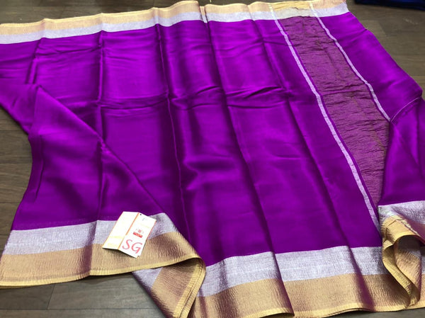 Purple Wrinkle Mysore Crepe Silk Saree with Silver & Gold Zari Border