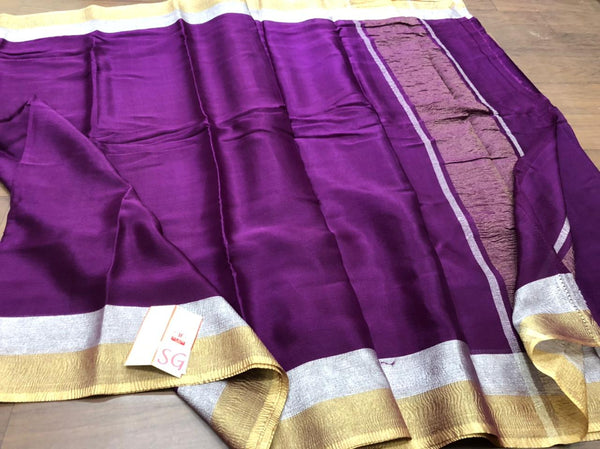 Purple Wrinkle Mysore Crepe Silk Saree with Silver & Gold Zari Border