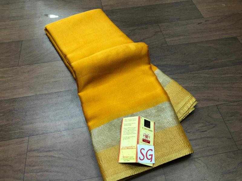 Yellow Wrinkle Mysore Crepe Silk Saree with Silver & Gold Zari Border