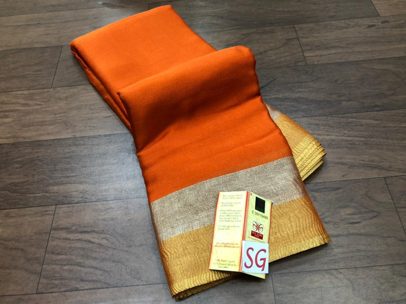 Orange Wrinkle Mysore Crepe Silk Saree with Silver & Gold Zari Border