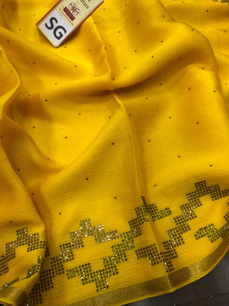 Yellow Wrinkle Crepe Silk Saree with Swarovski Stone Work