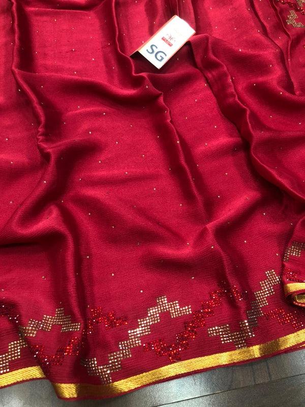Pink Wrinkle Crepe Silk Saree with Swarovski Stone Work