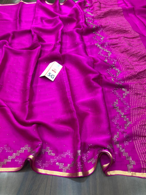 Purple Wrinkle Crepe Silk Saree with Swarovski Stone Work