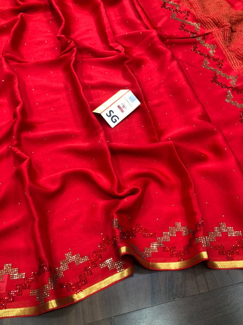 Red Wrinkle Crepe Silk Saree with Swarovski Stone Work