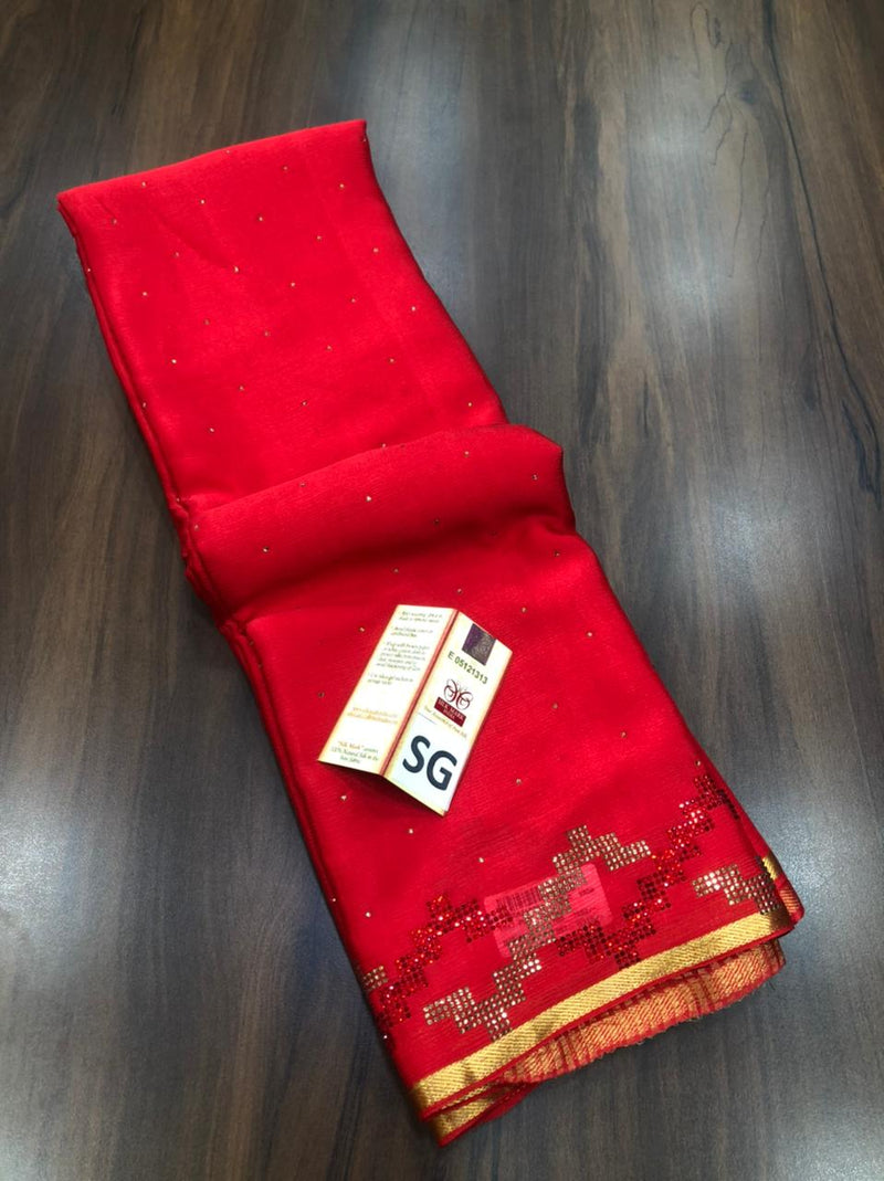 Red Wrinkle Crepe Silk Saree with Swarovski Stone Work