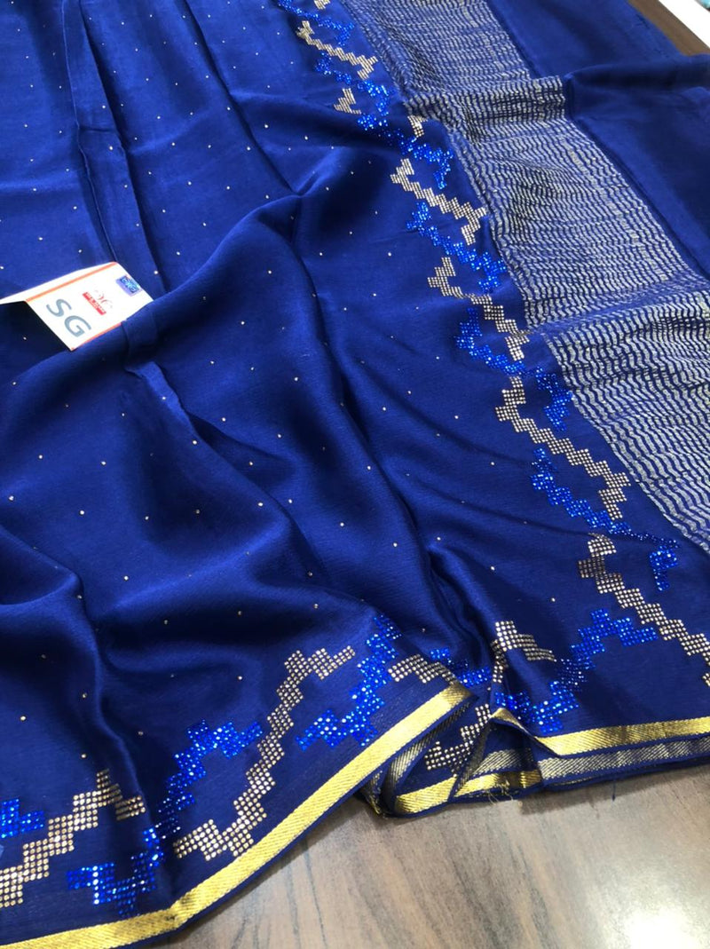 Navy Blue Wrinkle Crepe Silk Saree with Swarovski Stone Work