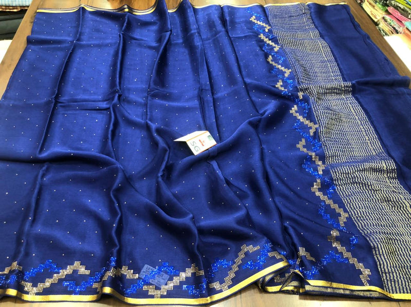 Navy Blue Wrinkle Crepe Silk Saree with Swarovski Stone Work