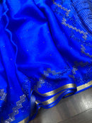Royal Blue Wrinkle Crepe Silk Saree with Swarovski Stone Work