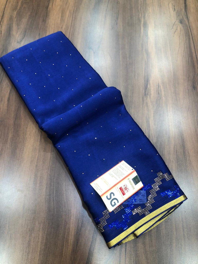 Navy Blue Wrinkle Crepe Silk Saree with Swarovski Stone Work