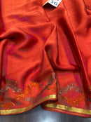 Rust Orange Wrinkle Crepe Silk Saree with Swarovski Stone Work