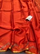 Rust Orange Wrinkle Crepe Silk Saree with Swarovski Stone Work