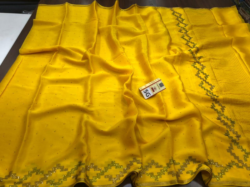 Yellow Wrinkle Crepe Silk Saree with Swarovski Stone Work