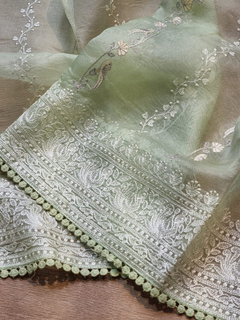 Green Organza Saree with Unique Bird Chikankari Embroidery Design